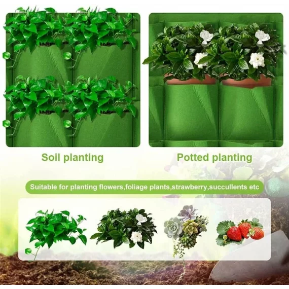 Ghiveci de plantare pentru perete, verde cu 18  buzunare