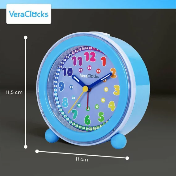 Ceas analog silentios de masa pentru copii, VeraClocks Children, pentru invatare ceas, iluminat, alarma, inaltime 11,5 cm, culoare albastru