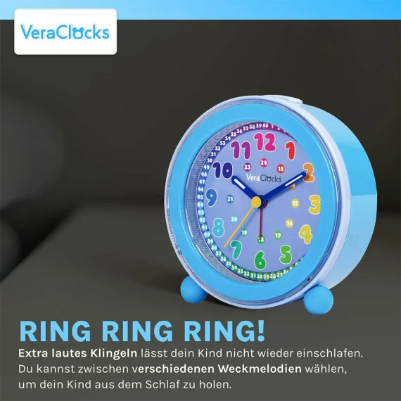 Ceas analog silentios de masa pentru copii, VeraClocks Children, pentru invatare ceas, iluminat, alarma, inaltime 11,5 cm, culoare albastru