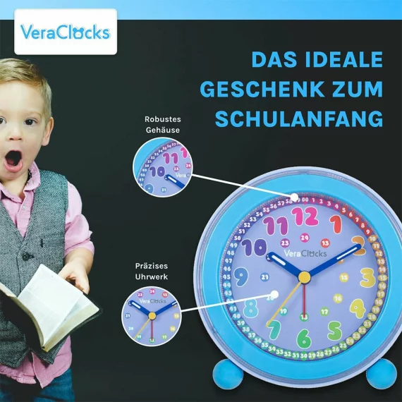 Ceas analog silentios de masa pentru copii, VeraClocks Children, pentru invatare ceas, iluminat, alarma, inaltime 11,5 cm, culoare albastru