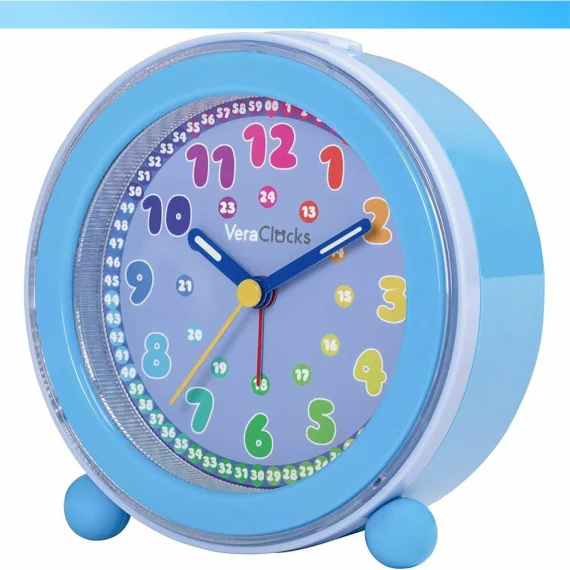 Ceas analog silentios de masa pentru copii, VeraClocks Children, pentru invatare ceas, iluminat, alarma, inaltime 11,5 cm, culoare albastru