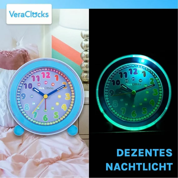 Ceas analog silentios de masa pentru copii, VeraClocks Children, pentru invatare ceas, iluminat, alarma, inaltime 11,5 cm, culoare albastru