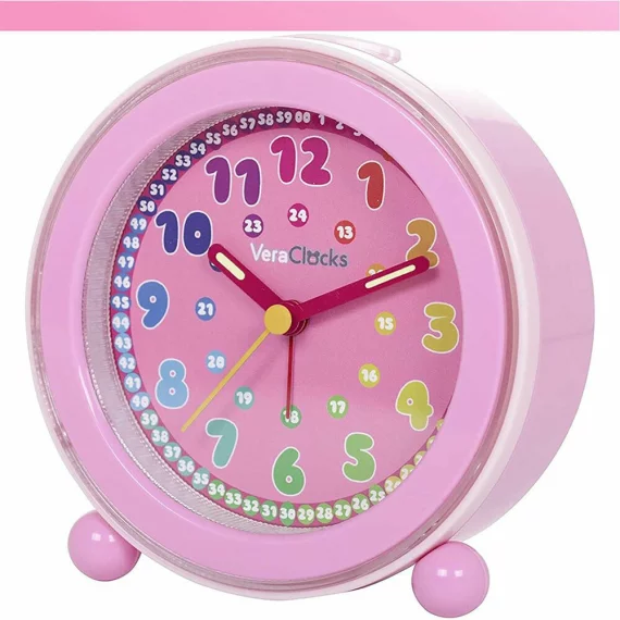 Clone Ceas analog silentios de masa pentru copii, VeraClocks Children, pentru invatare ceas, iluminat, alarma, inaltime 11,5 cm, culoare roz