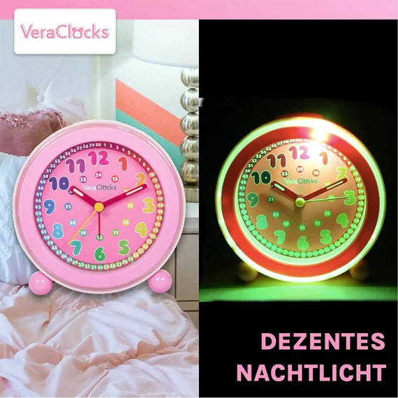 Clone Ceas analog silentios de masa pentru copii, VeraClocks Children, pentru invatare ceas, iluminat, alarma, inaltime 11,5 cm, culoare roz
