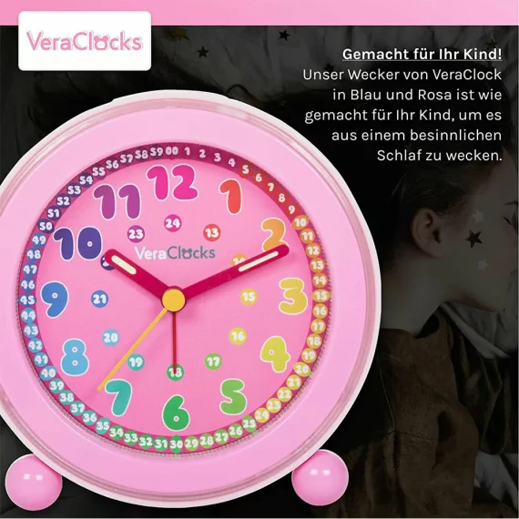 Clone Ceas analog silentios de masa pentru copii, VeraClocks Children, pentru invatare ceas, iluminat, alarma, inaltime 11,5 cm, culoare roz