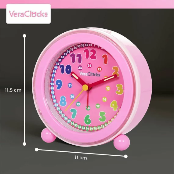 Clone Ceas analog silentios de masa pentru copii, VeraClocks Children, pentru invatare ceas, iluminat, alarma, inaltime 11,5 cm, culoare roz