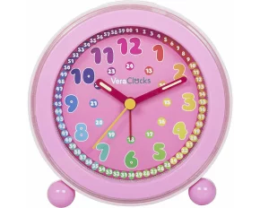 Clone Ceas analog silentios de masa pentru copii, VeraClocks Children, pentru invatare ceas, iluminat, alarma, inaltime 11,5 cm, culoare roz