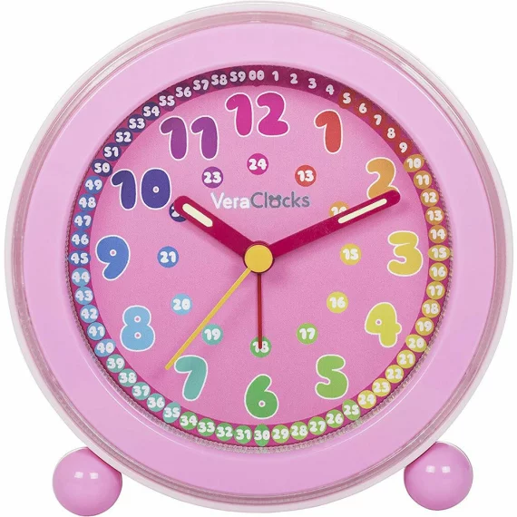 Clone Ceas analog silentios de masa pentru copii, VeraClocks Children, pentru invatare ceas, iluminat, alarma, inaltime 11,5 cm, culoare roz