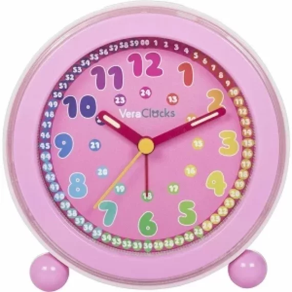 Clone Ceas analog silentios de masa pentru copii, VeraClocks Children, pentru invatare ceas, iluminat, alarma, inaltime 11,5 cm, culoare roz