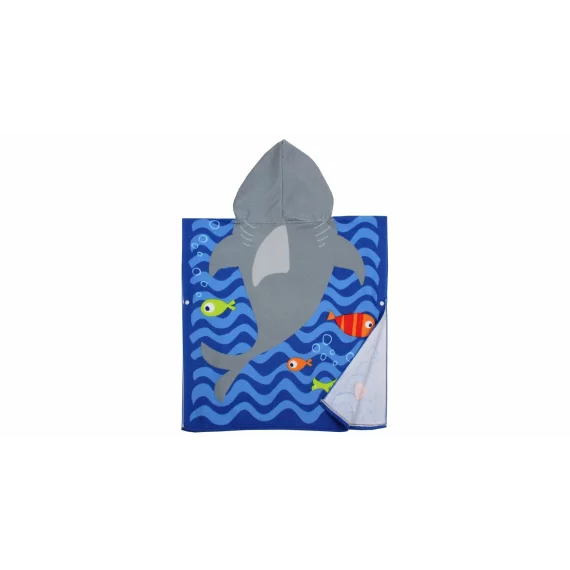 Prosop poncho cu gluga pentru copii, model rechin, albastru-gri, 60 x 60 cm