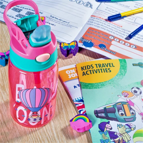 Sticla pentru apa, Copii 3E CHOICE Baby 500ml cu pai, capac Flip-Top si manere – Rezistenta, usor de folosit, fara BPA, culoare roz