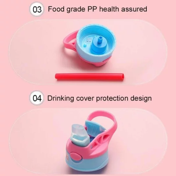 Sticla pentru apa, Copii 3E CHOICE Baby 500ml cu pai, capac Flip-Top si manere – Rezistenta, usor de folosit, fara BPA, culoare roz