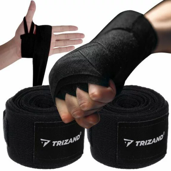 Set 2 fase pentru box, Trizand Boxing Bandages 4m, culoare negru