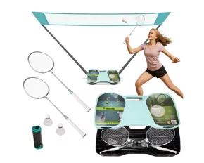 Set complet de badminton pliabil, Trizand Badminton in case, include 2 rachete, 2 fluturasi fileu si suport, geanta de transport