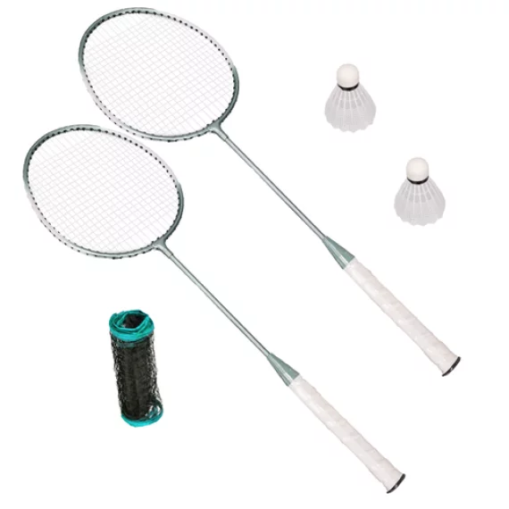 Set complet de badminton pliabil, Trizand Badminton in case, include 2 rachete, 2 fluturasi fileu si suport, geanta de transport
