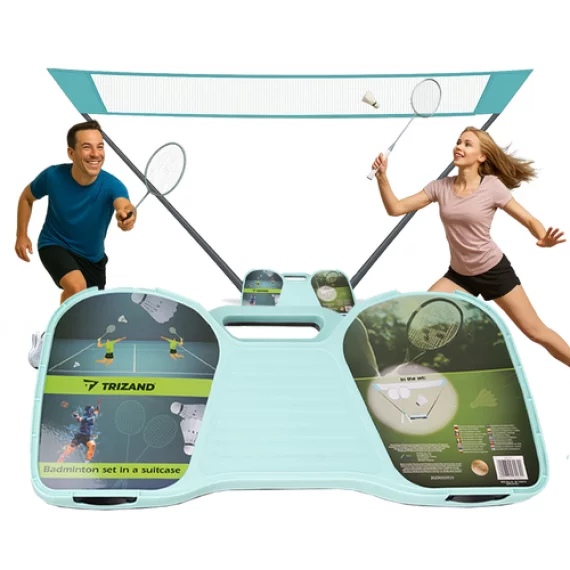 Set complet de badminton pliabil, Trizand Badminton in case, include 2 rachete, 2 fluturasi fileu si suport, geanta de transport