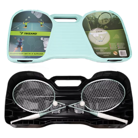 Set complet de badminton pliabil, Trizand Badminton in case, include 2 rachete, 2 fluturasi fileu si suport, geanta de transport