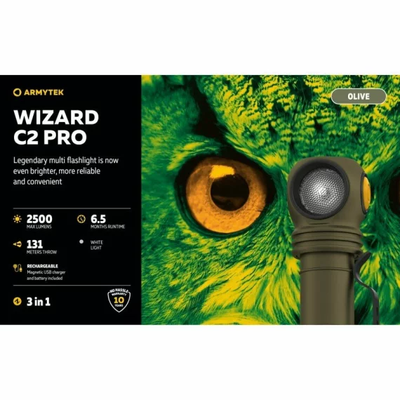 Lanterna multifunctionala Armytek Wizard C2 Pro Magnet USB Olive, 2500 lumeni - lumina alba