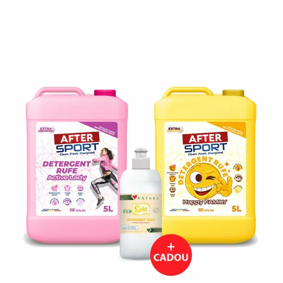 Pachet 10 litri Detergent ACTIVELADY si HAPPYFAMILY (2×5 L) + Detergent Vase Eco 500mL CADOU