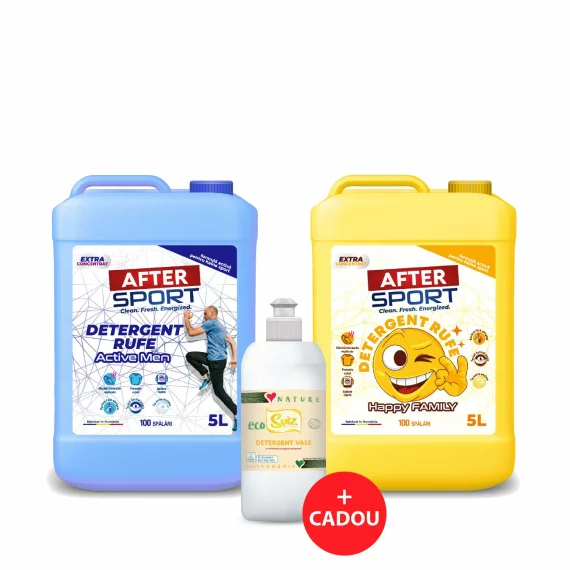 Pachet 10 litri Detergent ACTIVEMEN si HAPPYFAMILY (2×5 L) + Detergent Vase Eco 500mL CADOU
