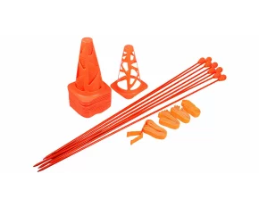 Set de antrenament de agilitate Quick Agility Set cu 16 conuri din PVC moale cu gauri, opt tije flexibile si patru benzi elastice