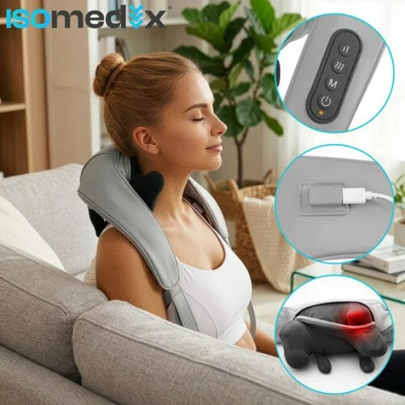 Dispozitiv Masaj Shiatsu Wireless pentru Gat Isomedix 22.2W – Incalzire LED, Incarcare USB-C