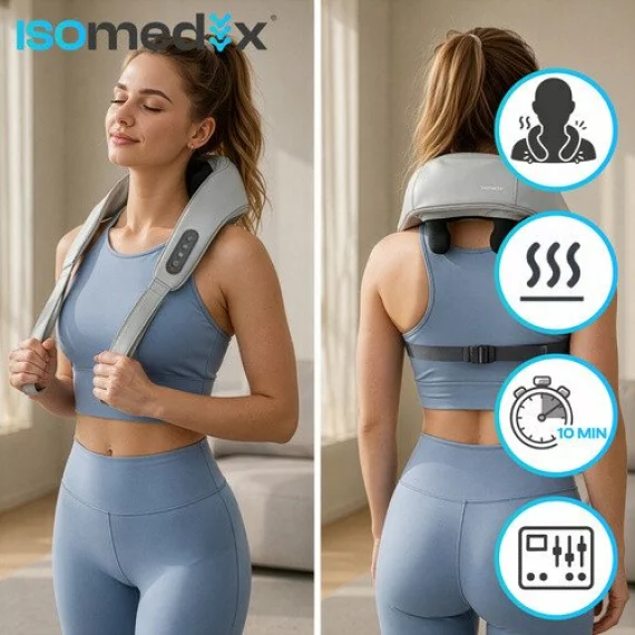 Dispozitiv Masaj Shiatsu Wireless pentru Gat Isomedix 22.2W – Incalzire LED, Incarcare USB-C