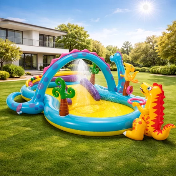 Loc de Joaca Acvatic Dinoland Intex 57135NP – 302 x 229 x 112 cm, Tobogan, Fantana, 6 Mingi