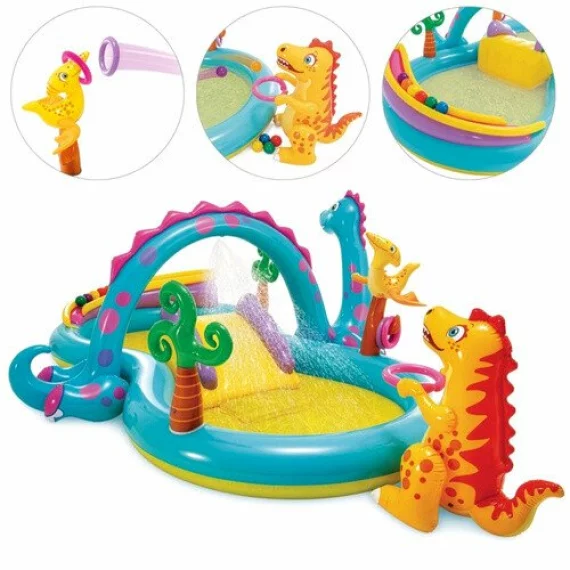 Loc de Joaca Acvatic Dinoland Intex 57135NP – 302 x 229 x 112 cm, Tobogan, Fantana, 6 Mingi