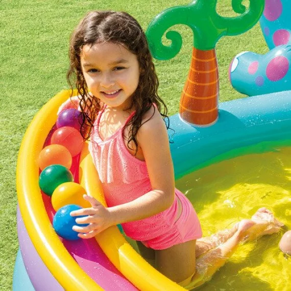 Loc de Joaca Acvatic Dinoland Intex 57135NP – 302 x 229 x 112 cm, Tobogan, Fantana, 6 Mingi