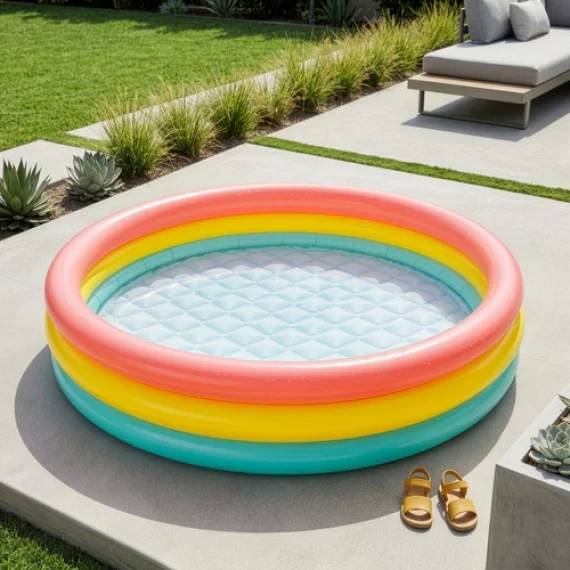 Piscina Gonflabila pentru Copii Intex 57412NP – 114 x 25 cm, Curcubeu, 3 Inele, 131 l
