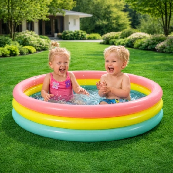 Piscina Gonflabila pentru Copii Intex 57412NP – 114 x 25 cm, Curcubeu, 3 Inele, 131 l