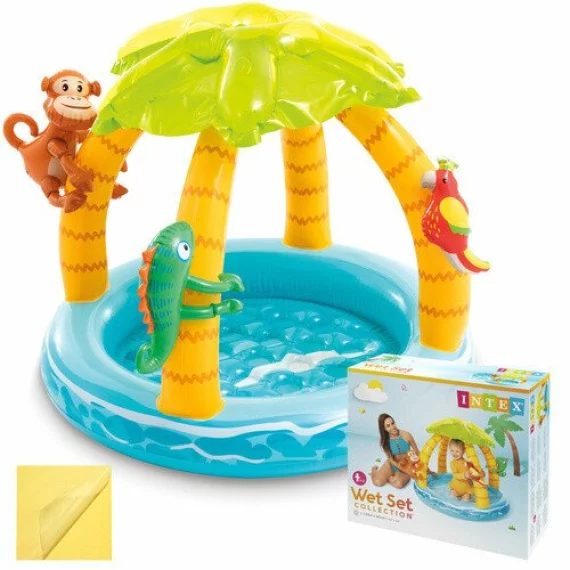Piscina Gonflabila pentru Copii Intex Tropical Island 58417 – 102 x 86 cm, cu Acoperis Palmier si Jucarii Detasabile