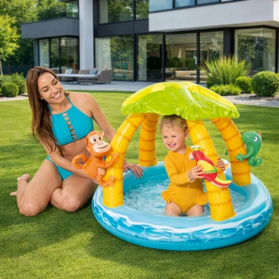 Piscina Gonflabila pentru Copii Intex Tropical Island 58417 – 102 x 86 cm, cu Acoperis Palmier si Jucarii Detasabile