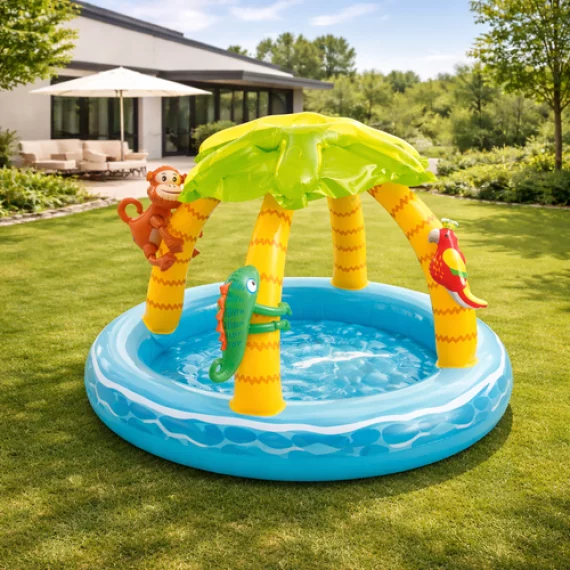 Piscina Gonflabila pentru Copii Intex Tropical Island 58417 – 102 x 86 cm, cu Acoperis Palmier si Jucarii Detasabile