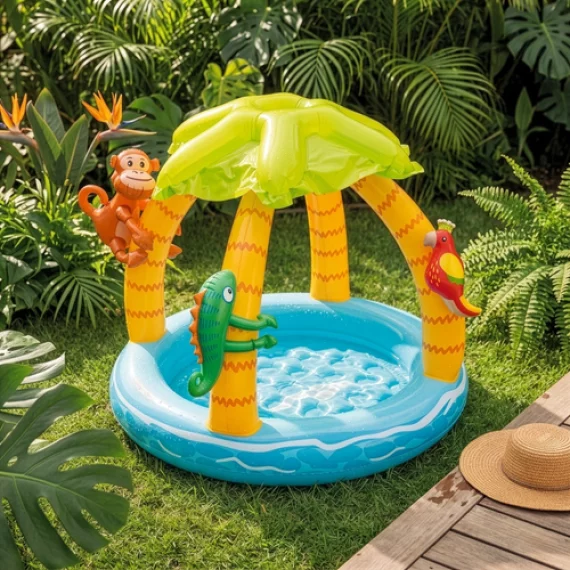Piscina Gonflabila pentru Copii Intex Tropical Island 58417 – 102 x 86 cm, cu Acoperis Palmier si Jucarii Detasabile