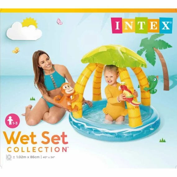 Piscina Gonflabila pentru Copii Intex Tropical Island 58417 – 102 x 86 cm, cu Acoperis Palmier si Jucarii Detasabile