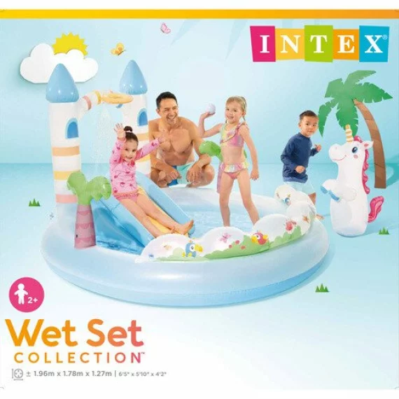 Piscina Loc de Joaca Acvatic Castel cu Unicorn Intex 56148NP – 196 x 178 x 127 cm, Tobogan si Stropitoare