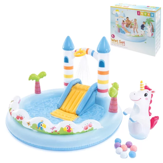 Piscina Loc de Joaca Acvatic Castel cu Unicorn Intex 56148NP – 196 x 178 x 127 cm, Tobogan si Stropitoare