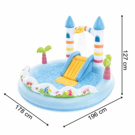 Piscina Loc de Joaca Acvatic Castel cu Unicorn Intex 56148NP – 196 x 178 x 127 cm, Tobogan si Stropitoare