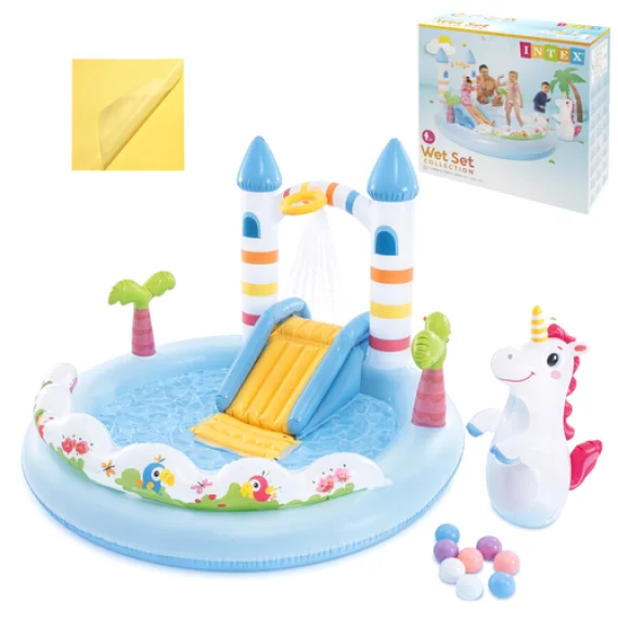 Piscina Loc de Joaca Acvatic Castel cu Unicorn Intex 56148NP – 196 x 178 x 127 cm, Tobogan si Stropitoare