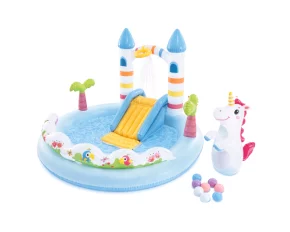 Piscina Loc de Joaca Acvatic Castel cu Unicorn Intex 56148NP – 196 x 178 x 127 cm, Tobogan si Stropitoare