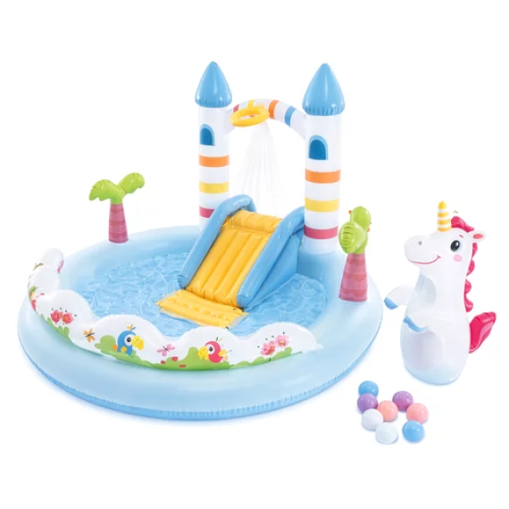Piscina Loc de Joaca Acvatic Castel cu Unicorn Intex 56148NP – 196 x 178 x 127 cm, Tobogan si Stropitoare
