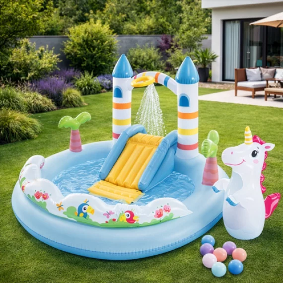 Piscina Loc de Joaca Acvatic Castel cu Unicorn Intex 56148NP – 196 x 178 x 127 cm, Tobogan si Stropitoare