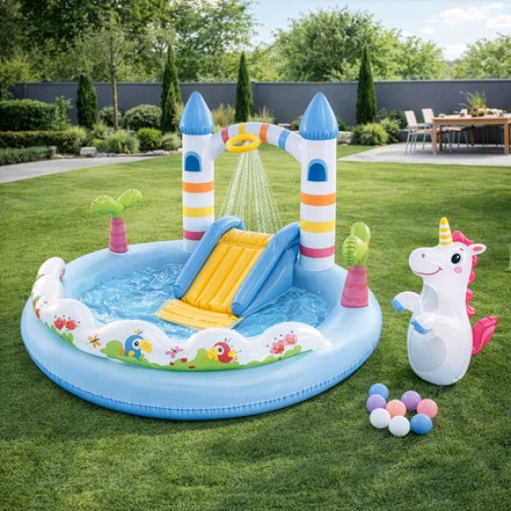Piscina Loc de Joaca Acvatic Castel cu Unicorn Intex 56148NP – 196 x 178 x 127 cm, Tobogan si Stropitoare