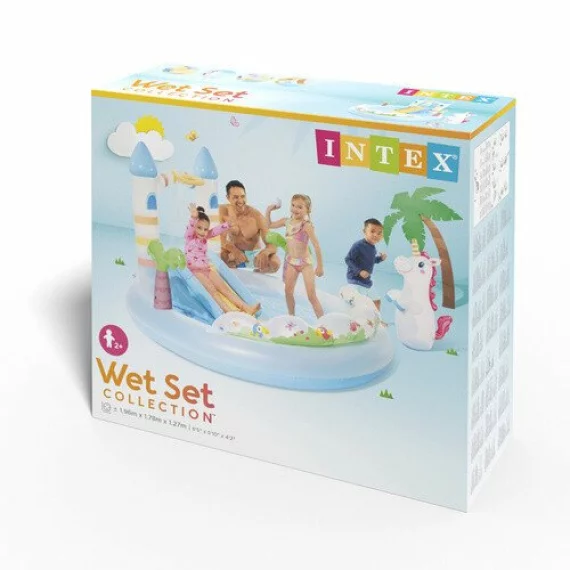 Piscina Loc de Joaca Acvatic Castel cu Unicorn Intex 56148NP – 196 x 178 x 127 cm, Tobogan si Stropitoare