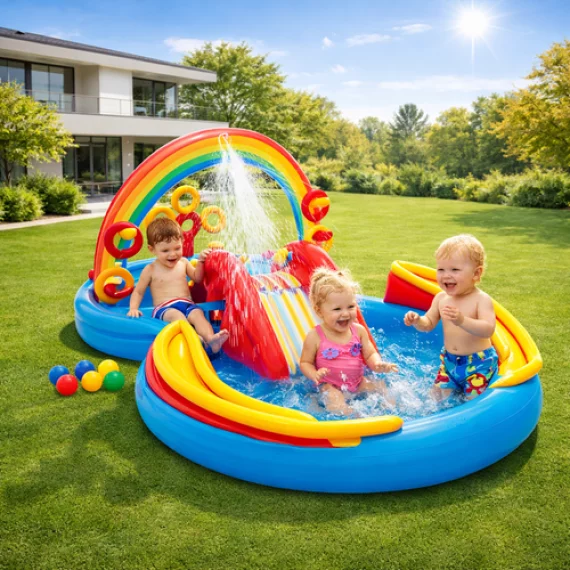 Piscina, Loc de Joaca Acvatic Gonflabil Curcubeu Intex 57453NP – 297 x 193 x 135 cm, Tobogan, Fantana, Inele si Mingi