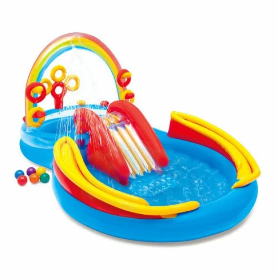 Piscina, Loc de Joaca Acvatic Gonflabil Curcubeu Intex 57453NP – 297 x 193 x 135 cm, Tobogan, Fantana, Inele si Mingi