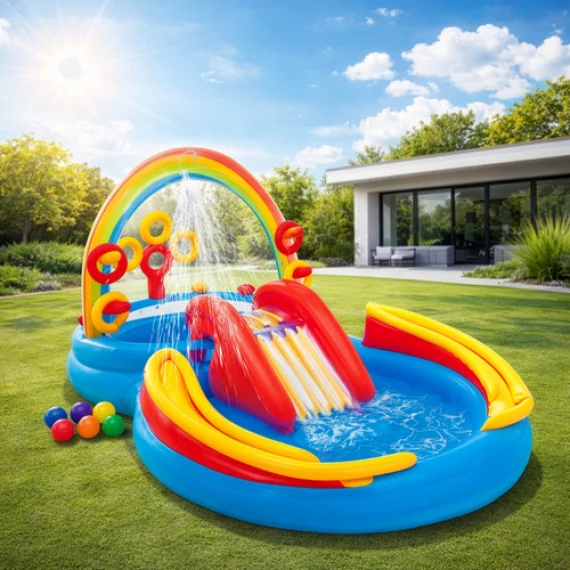 Piscina, Loc de Joaca Acvatic Gonflabil Curcubeu Intex 57453NP – 297 x 193 x 135 cm, Tobogan, Fantana, Inele si Mingi