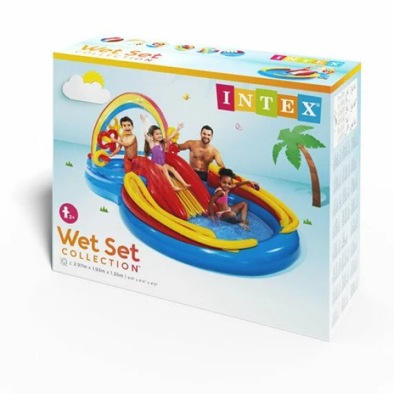 Piscina, Loc de Joaca Acvatic Gonflabil Curcubeu Intex 57453NP – 297 x 193 x 135 cm, Tobogan, Fantana, Inele si Mingi